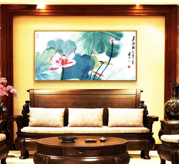 中式室内居室莲花挂画 优雅清净，空灵淡远之所在