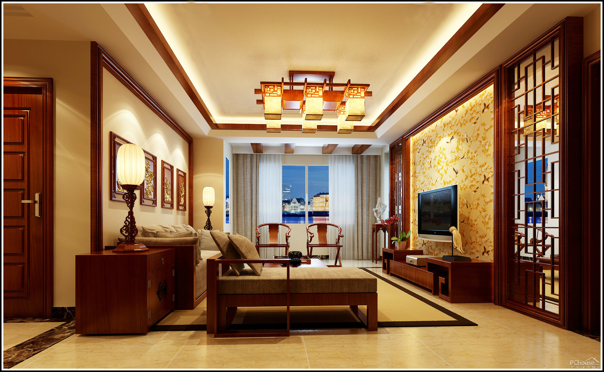 三居室中式风格客厅壁纸装修效果图- 中国风