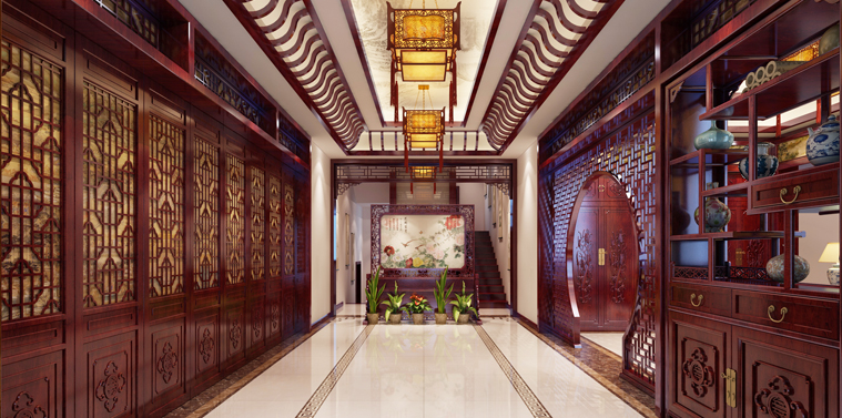 赤峰古典中式别墅豪宅设计案例赏析，室内花格万乘散芬芳