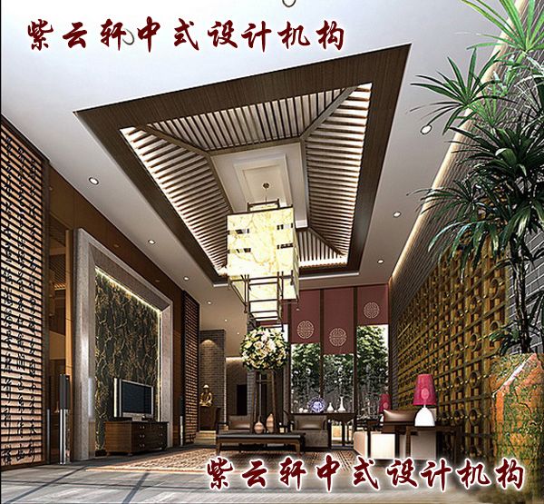 新中式四合院装修设计-客厅：高挑大厅中傲然的博古柜与砖雕背景墙融为一体，构成磅礴气势，主人广阔心胸溢现眼前。