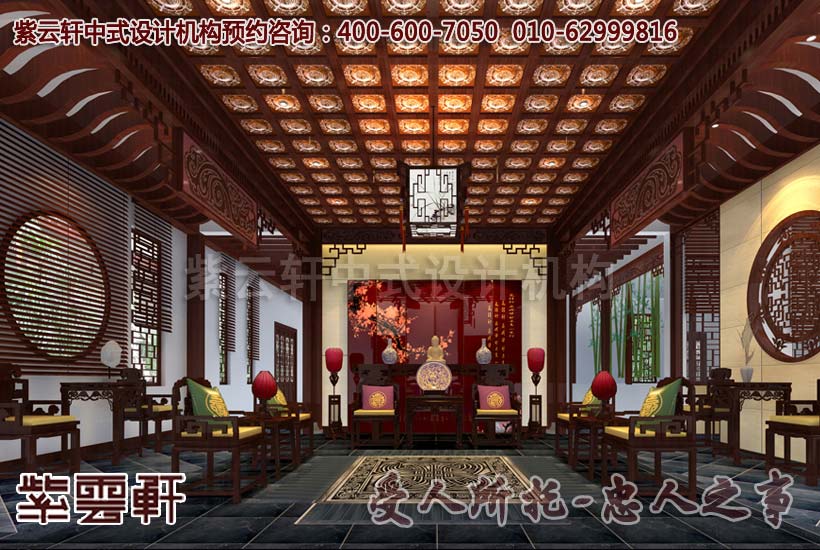 别墅中式设计中堂效果:海纳百川,有容乃大,彰显了主人的品味与中式的韵味