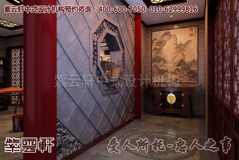 以红色梁柱和山水国画调节，沉稳又不失活力